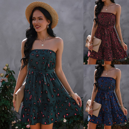 New Wrapped Chest Print Strapless Ruffle Dress