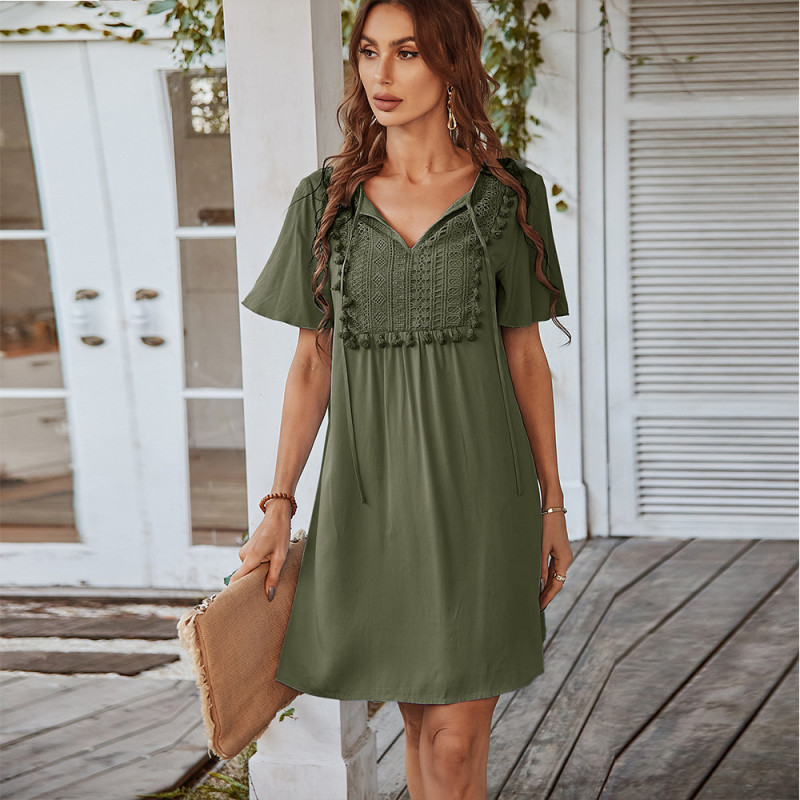 New Fashion Women's V-Neck Solid Color Ladies Casual Dress