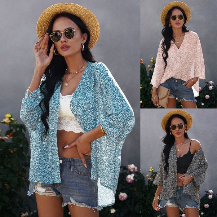 Women‘s Summer Loose Long Sleeve Button Up Printed Casual Shirt