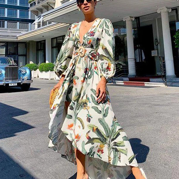 Ladies Sexy Summer Print Deep V Casual Long Sleeve Belted Elegant Puff Sleeves Vacation Dresses