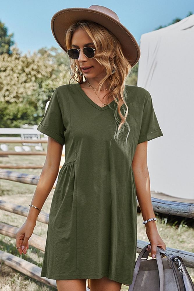 New Women's V-neck Solid Color Basic Casual Dresses