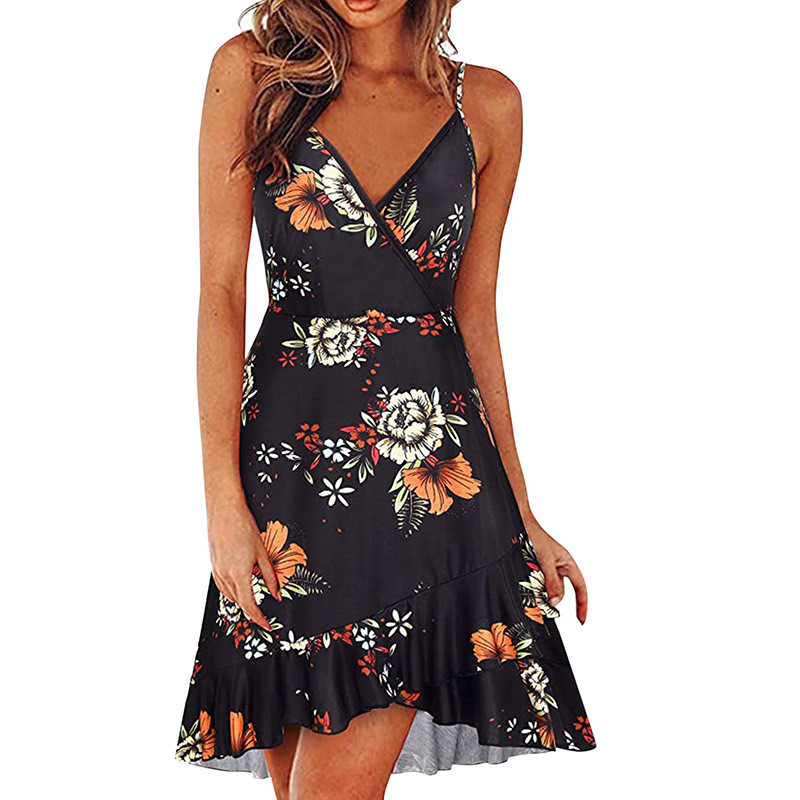 Summer Women's Sexy Fashion V-Neck Sling Sleeveless Backless Bandage Print Swing Mini Dress