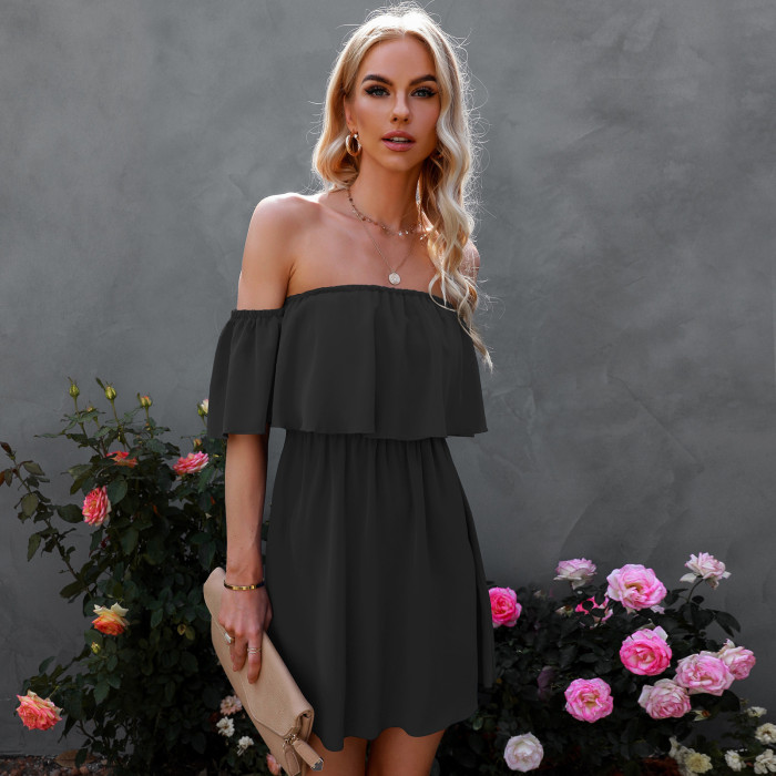 Summer New Elegant Off Shoulder Ladies Pure Color Sexy  Wrapped Chest Ruffle Mini Dress