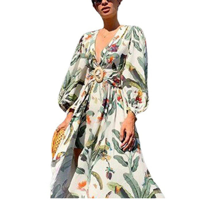 Ladies Sexy Summer Print Deep V Casual Long Sleeve Belted Elegant Puff Sleeves Vacation Dresses
