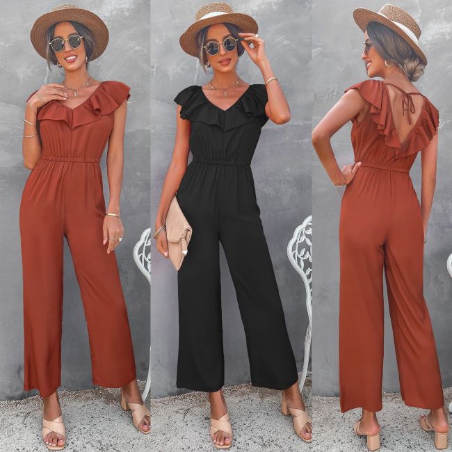 New Straight Leg Solid Color Backless Jumpsuit