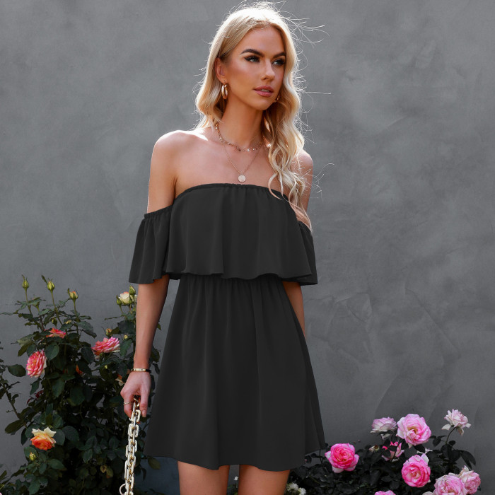 Summer New Elegant Off Shoulder Ladies Pure Color Sexy  Wrapped Chest Ruffle Mini Dress