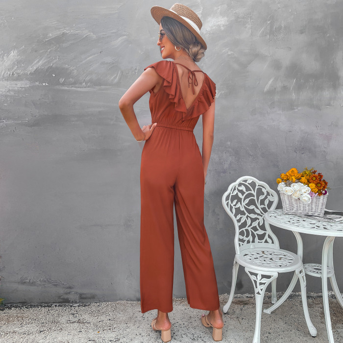 New Straight Leg Solid Color Backless Jumpsuit