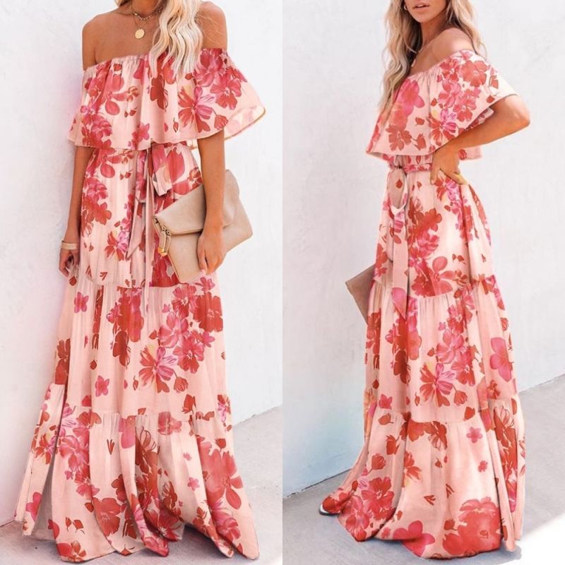 Off-the-shoulder casual Elegant white Floral Vacation Dresses