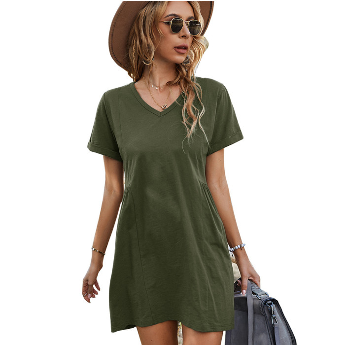 New Women's V-neck Solid Color Basic Casual Dresses
