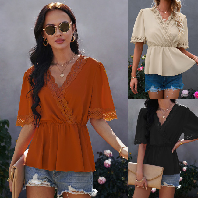 Women's Summer V Neck Lace Shirt