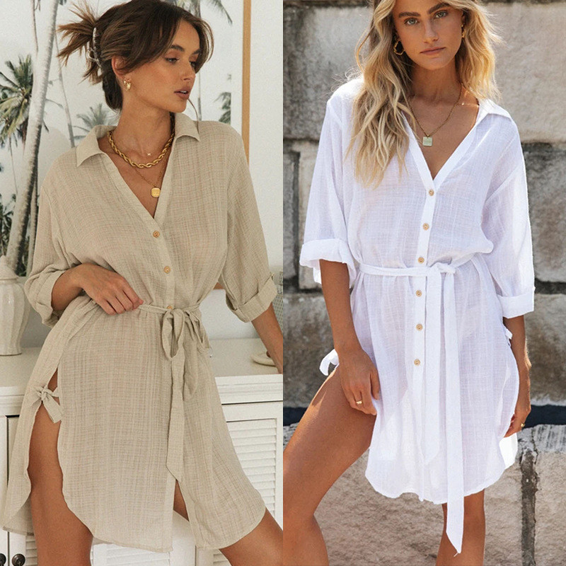 Summer Cotton Linen Sexy Long Sleeve Slit Casual Dresses