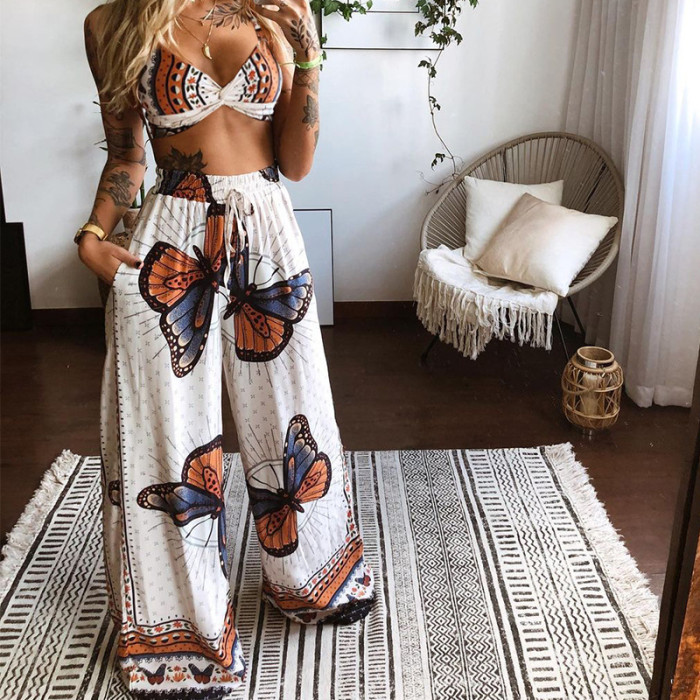 Printed Sexy Tube Top Loose Wide Leg Pants Two-piece Set