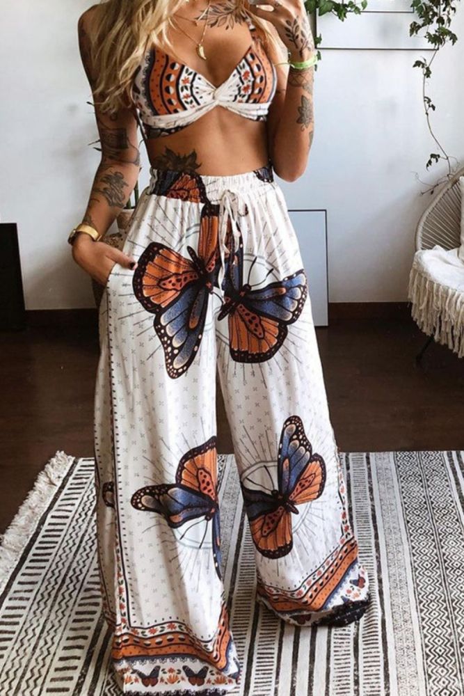 Printed Sexy Tube Top Loose Wide Leg Pants Two-piece Set