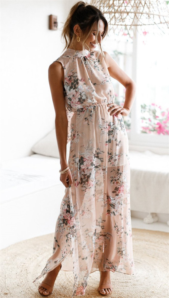 Printed Sleeveless Slit Chiffon Vacation Dress