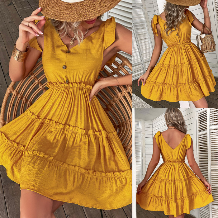 Summer Waist Slim A-line Women's Solid Color Casual Dress