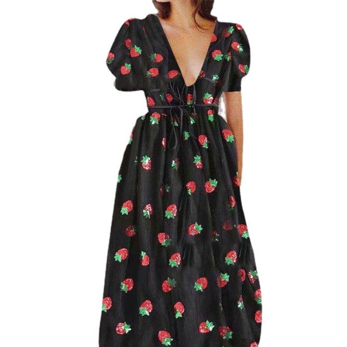 Strawberry Mesh Banding Pleated Maxi Dress