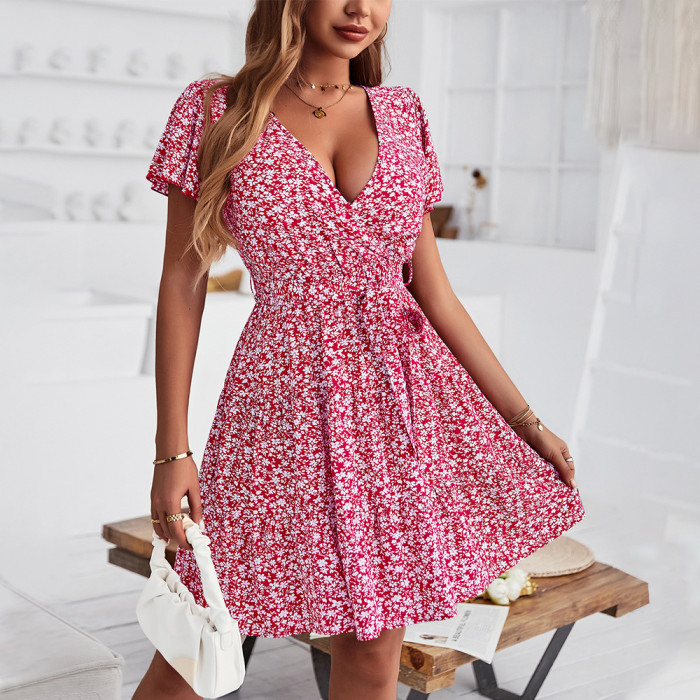 Summer Floral Temperament Wrap Chest Casual Dresses