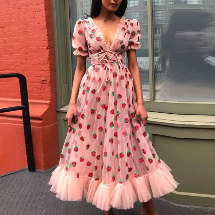 Strawberry Mesh Banding Pleated Maxi Dress
