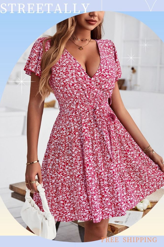 Summer Floral Temperament Wrap Chest Casual Dresses