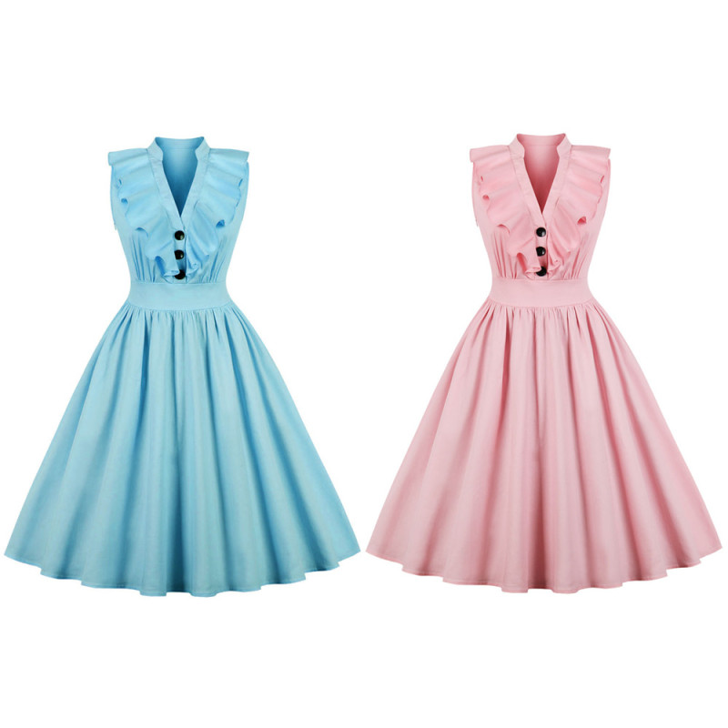 Plus Size Women's Solid Color Ruffled Shirts Retro Swing Skater Dress