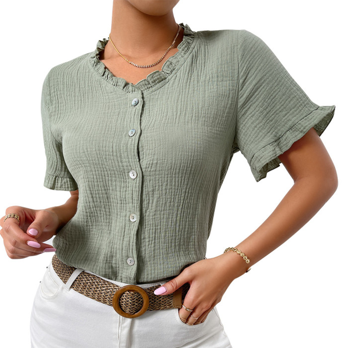 Summer Short-sleeved Cotton and Linen Shirt With Fungus Edge Women's Top Blouse