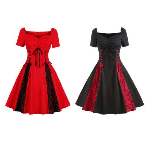 Gothic Lace Lace Up Sexy Off Shoulder Plus Size Women's Vintage Skater Dress