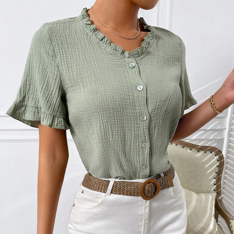 Summer Short-sleeved Cotton and Linen Shirt With Fungus Edge Women's Top Blouse