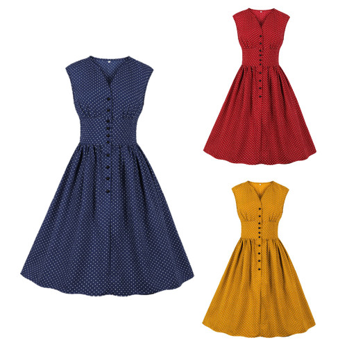 V-Neck Neck Waist Slim Button Sleeveless Polka Dot Vintage Skater Dress ...