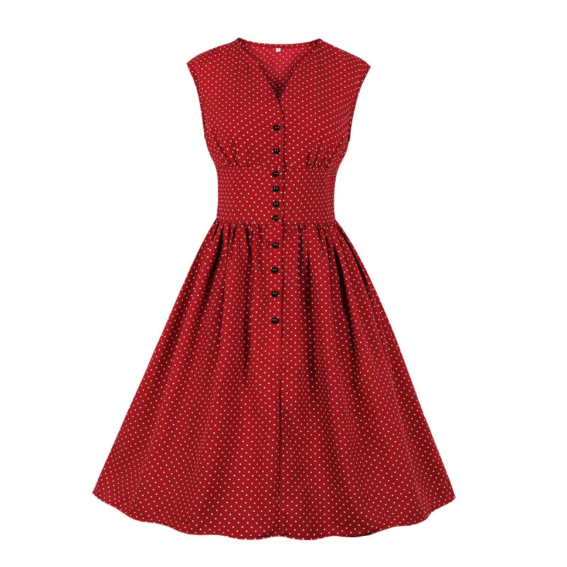 V-Neck Neck Waist Slim Button Sleeveless Polka Dot Vintage Skater Dress ...