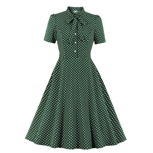Vintage Polka Dot Print Waist Short Sleeve Skater Dress