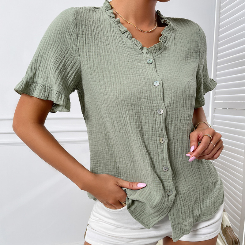 Summer Short-sleeved Cotton and Linen Shirt With Fungus Edge Women's Top Blouse