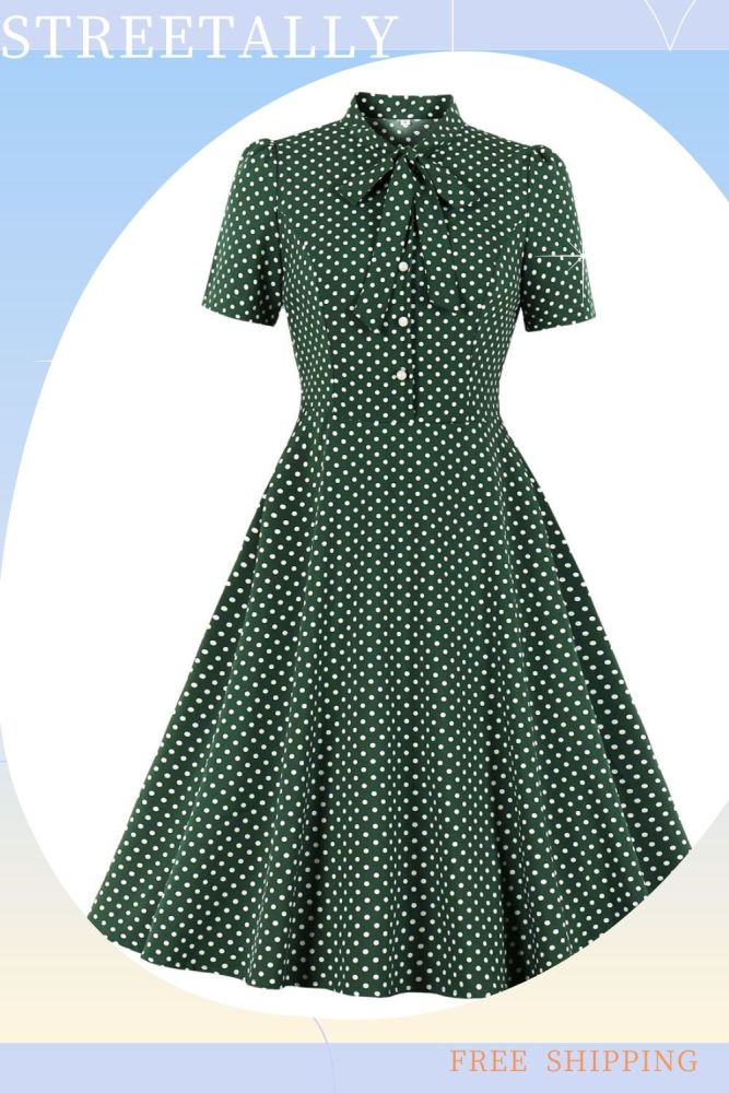 Vintage Polka Dot Print Waist Short Sleeve Skater Dress