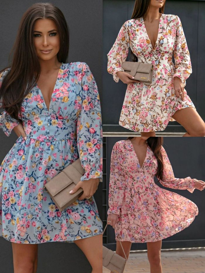 Chiffon Printed Long Sleeve V Neck Shows Your Body Fashionable Waist Swing Floral Casual Dress