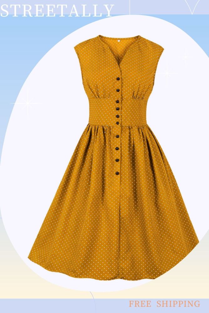 V-Neck Neck Waist Slim Button Sleeveless Polka Dot Vintage Skater Dress ...