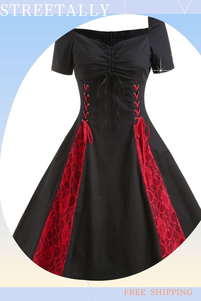 Gothic Lace Lace Up Sexy Off Shoulder Plus Size Women's Vintage Skater Dress