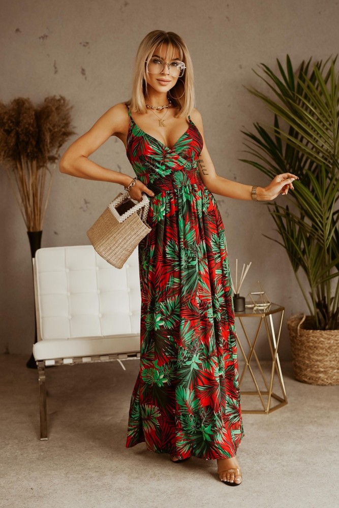V-neck Sleeveless Strappy Print Boho Maxi Vacation Dress