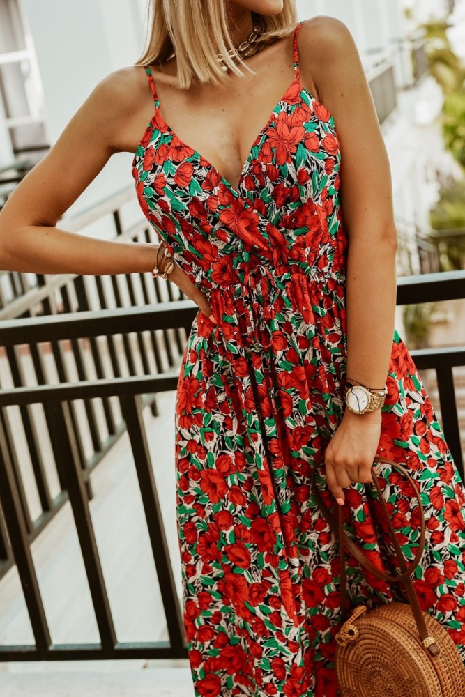 V-neck Sleeveless Strappy Print Boho Maxi Vacation Dress
