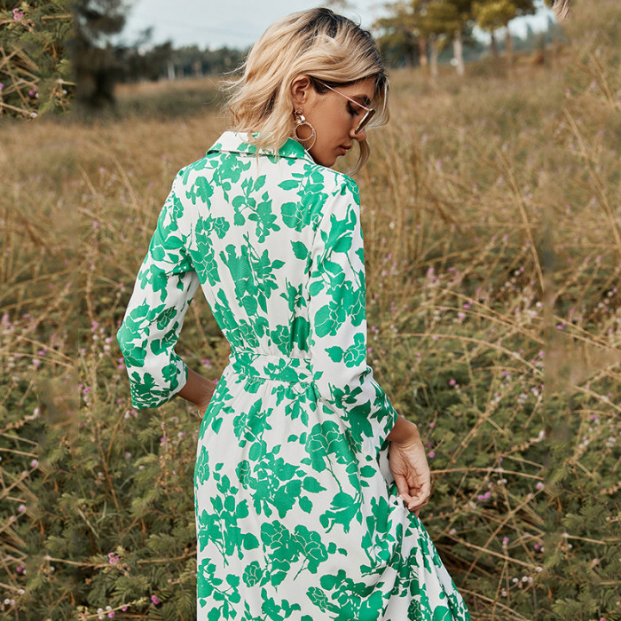 Fashion Ladies Long Skirt Green Print Lace-Up Maxi Dresses
