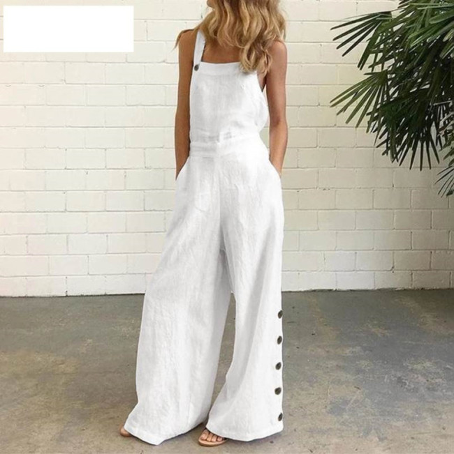 Solid Color Sleeveless Side Pocket Casual Wide Leg Side Button Jumpsuit