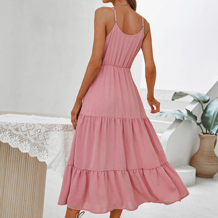 High Waist Midi Slip Dress Boho Layered Swing Pink Halter Vacation Dress