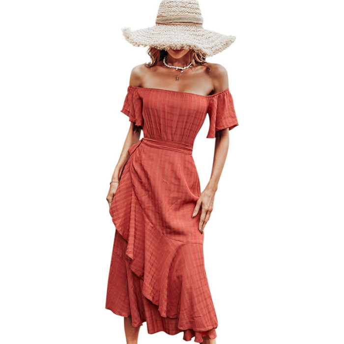 Women's Short Sleeve One Shoulder Irregular Hem Skirt Lace Up High Waist Ladies Vacation Dress