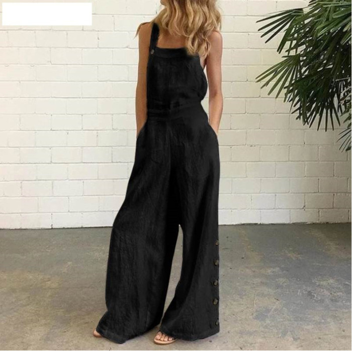 Solid Color Sleeveless Side Pocket Casual Wide Leg Side Button Jumpsuit