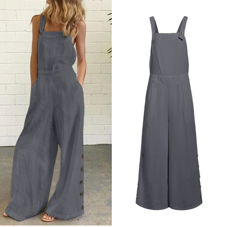 Solid Color Sleeveless Side Pocket Casual Wide Leg Side Button Jumpsuit