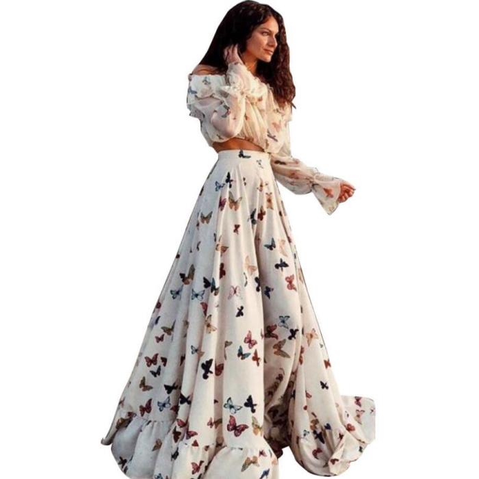 Sexy Off Shoulder Butterflies Floral Printed Maxi Dress