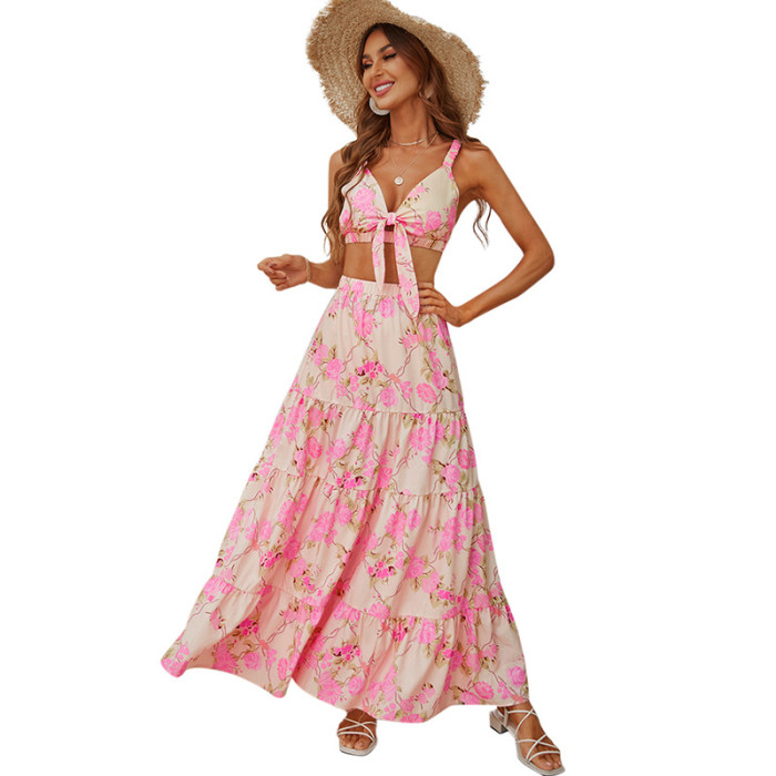 Sleeveless Open Back Skirt Slim Fit Pink Print Slip Vacation Dress