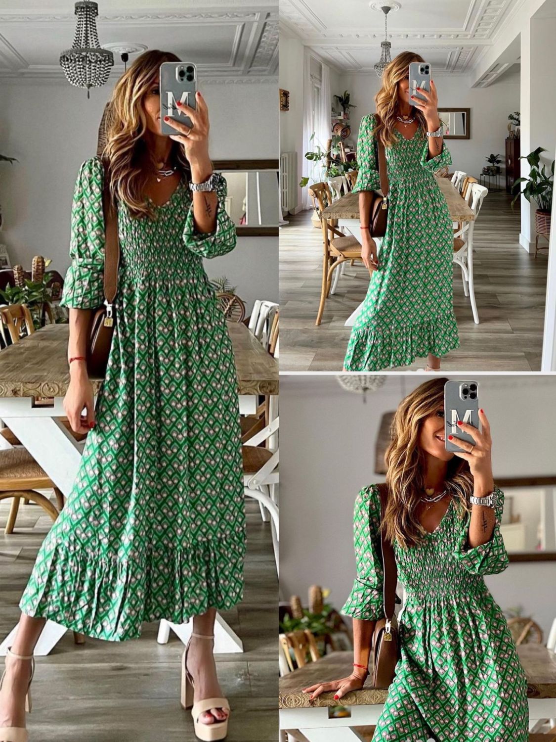(4p. pack) Romantic Abstract V-Neck Printed Midi Dress - T-80 main image 0