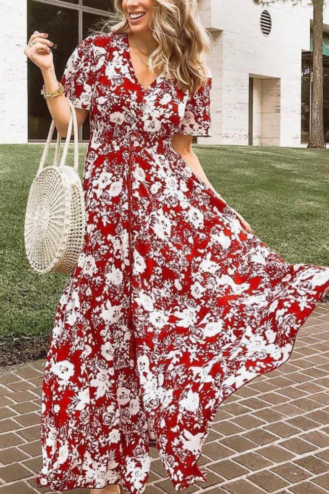Vacation Floral Print Short Sleeve Maxi Dress