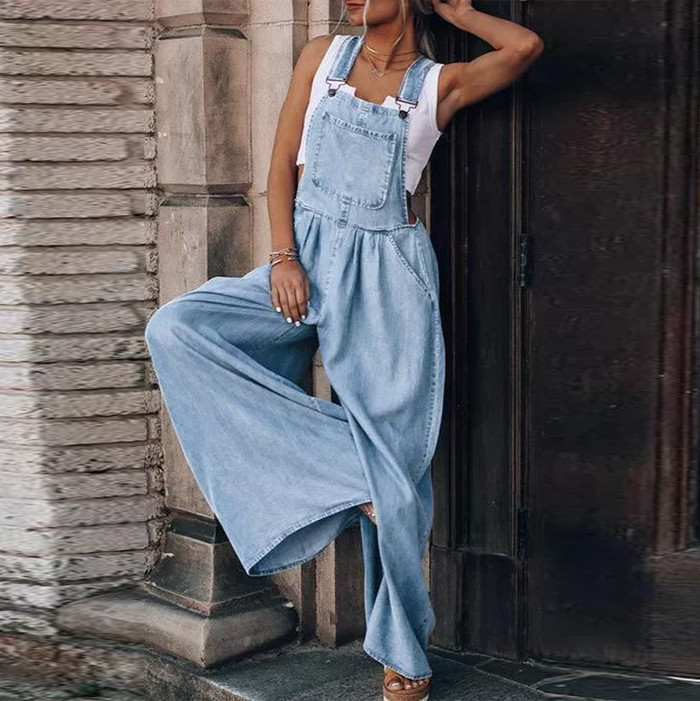 Women's Loose Side Pocket Sleeveless Denim Bib Pants Jumpsuits