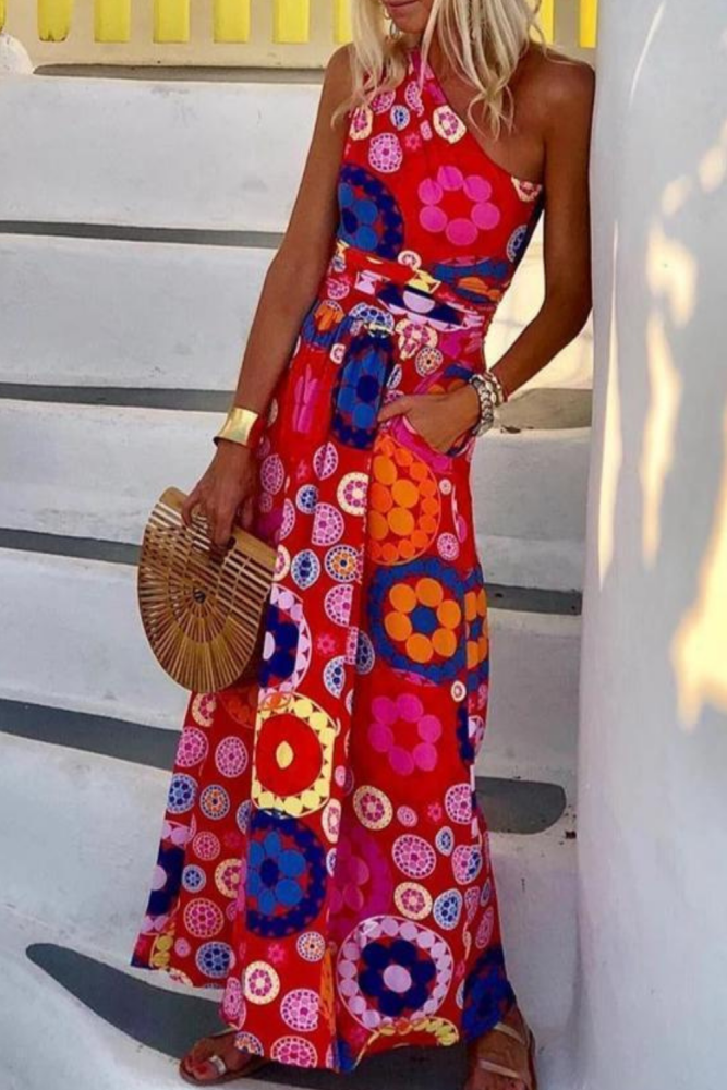Fashion Floral Printed One Shoulder Maxi Dress