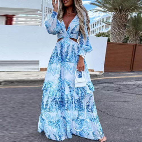 Printed V-Neck Long Sleeve Maxi Dress